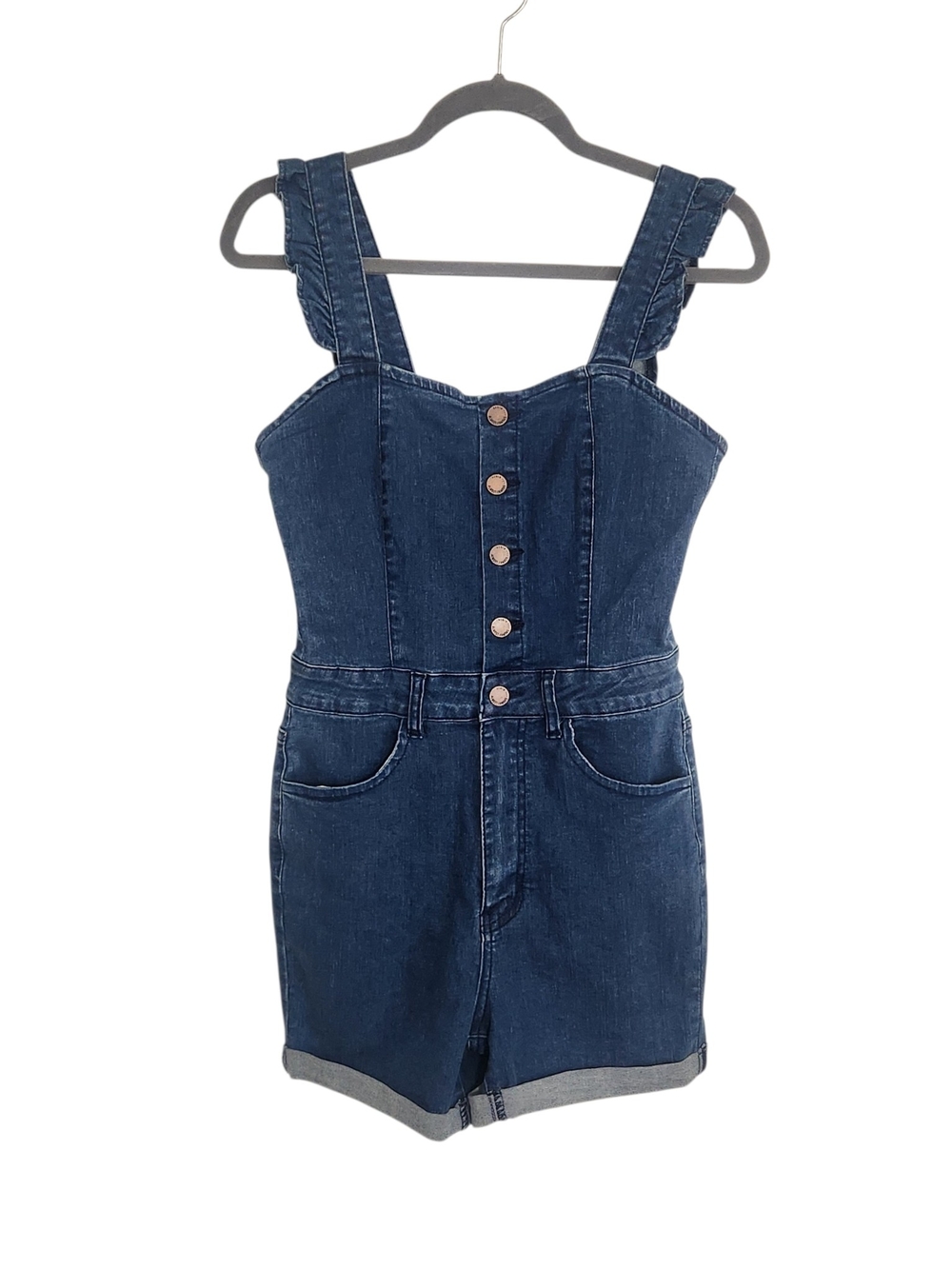 Almost Famous Dark Wash Denim Romper with Ruffle Sleeves Size Small NWT